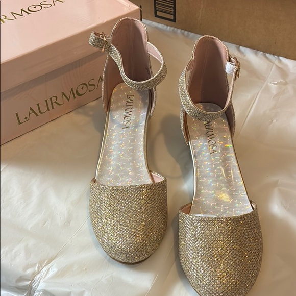 Glamorous Gold Glitter Heels with Ankle Strap - Picture 1 of 9